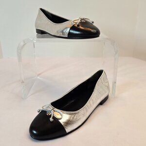 TORY BURCH Women's Leather Cap Toe Double T Bow Ballet Flats 6.5M  Silver/Black